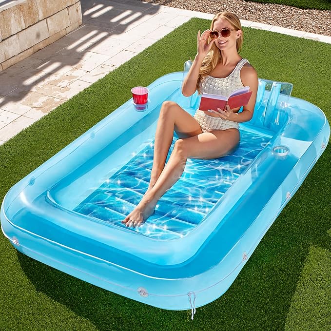 SLOOSH Inflatable Tanning Pool Lounger Float, 70" x 46" Pool Floats Adult with Pillow, 4 in 1 Suntan Tub Raft Floatie,Sunbathing Bed Lounge for Water Blow Up Kids Ball Pit Party Gifts, L-Blue
