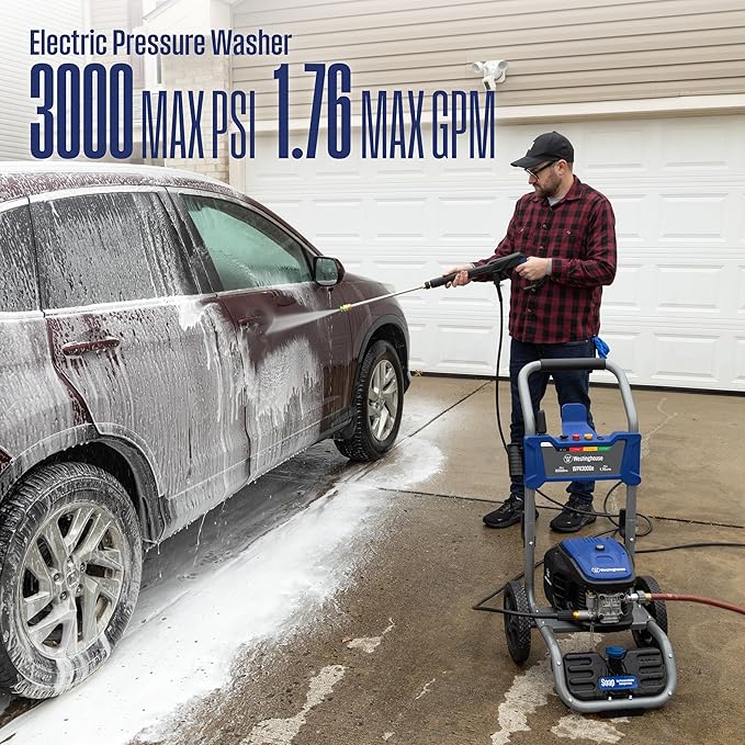 Westinghouse WPX3000e Electric Pressure Washer, 3000 Max PSI and 1.76 Max GPM, Induction Motor, Onboard Soap Tank, Spray Gun and Wand, 5 Nozzle Set, for Cars/Fences/Driveways/Homes/Patios/Furniture
