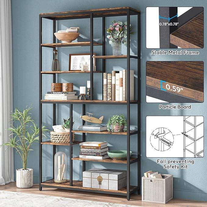 Modern 8-Tier Staggered Bookcase - 79 Inches Tall, Wide Wood Etagere Shelving Unit