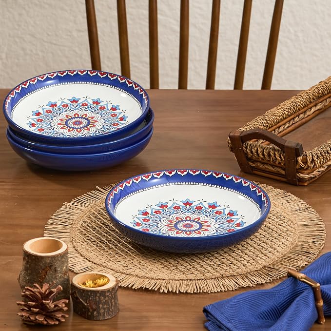 Bico Boho Totem Pasta Bowls, 35oz Salad Bowl Set of 4, Large Ceramic Serving Dinner Bowls for Soup and Cereal, Microwave and Dishwasher Safe, Gift for Housewarming and Thanksgiving