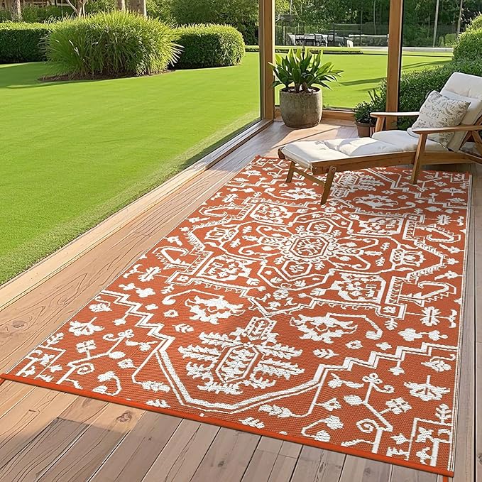 Outdoor Rug 8x10 Waterproof Reversible Plastic Straw Mat, UV-Resistant Vintage Medallion Camping Carpet for Patio, Deck, Balcony, Picnic, Large Outside Floor Mat, Vintage Terracotta Brick/White