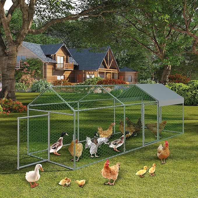 Large Metal Chicken Coop, 120"×40"×40" Walk-in Poultry Cage, with Protective Cover to Block Wind and Rain, Chicken Duck and Rabbit Enclosure for Yard,Farm, Scratch-Ristant & Easy Assembly