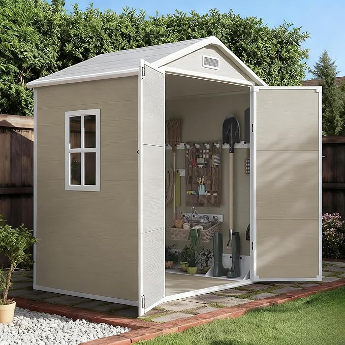 Outdoor Shed 5x3/6x4/7x7/8x6/8x10/8x12 FT, 15MM Thick PP Resin Plastic Shed with Lockable Door & Floor - Waterproof Plastic Tool Shed for Bike, Garbage Can, Backyard, Patio (Light Brown, 6x4FT)