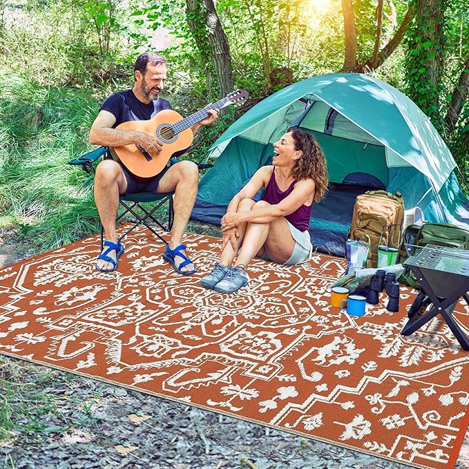 Waterproof Outdoor Rug 9x18 Reversible Plastic Straw Patio Rug, Stain-Resistant Vintage Medallion Carpet, Large Indoor Outdoor RV Mat for Deck, Camping, Balcony, Vintage Terracotta Brick/White