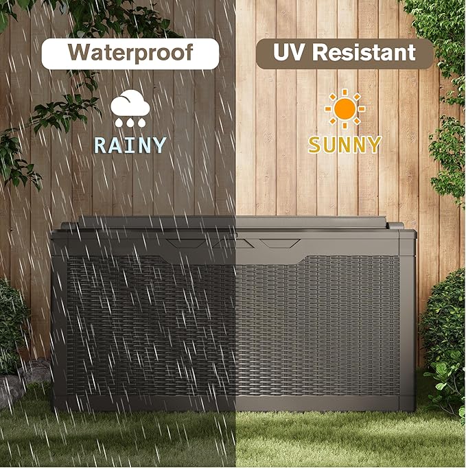 JUMMICO 100 Gallon Resin Deck Box with Cushion, Waterproof Outdoor Storage Box with Lockable Lid for Garden Tools, Patio Cushions (Light Brown)