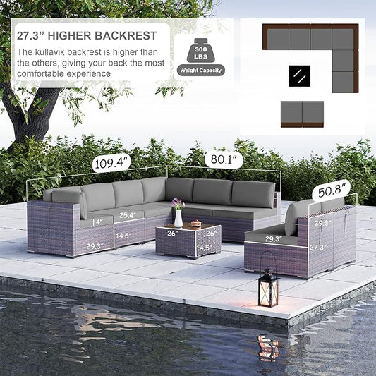 Kullavik 9PCS Outdoor Patio Furniture Set PE Wicker Rattan Sectional Sofa Patio Conversation Sets,Grey