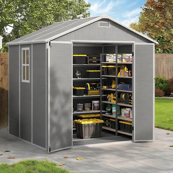 Outdoor Shed 5x3/6x4/7x7/8x6/8x10/8x12 FT, 15MM Thick PP Resin Plastic Shed with Lockable Door & Floor - Waterproof Plastic Tool Shed for Bike, Garbage Can, Backyard, Patio (Grey, 8x6FT)