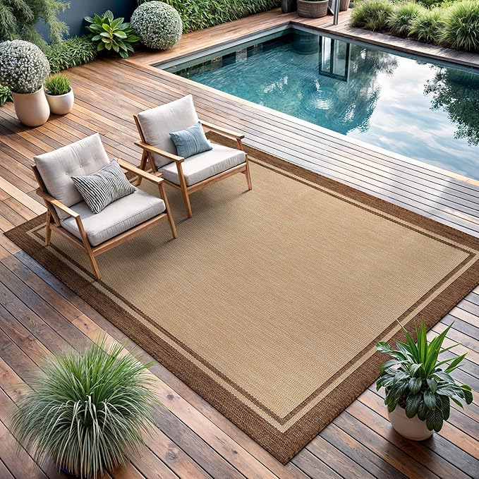 CAMILSON Outdoor Rug 8x10 Bordered Natural Brown Modern Area Rugs for Indoor and Outdoor Patios, Kitchen and Hallway Mats, Washable Porch Deck Outside Carpet (Border Jute, 8 x 10)