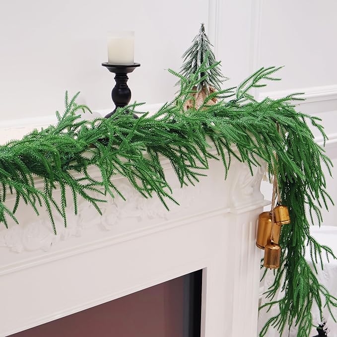 2PCS 9FT Christmas Garland Norfolk Pine Garland Real Touch Artificial Greenery Garland for Mantle Fireplace Table Indoor Outdoor Decor (Normal)