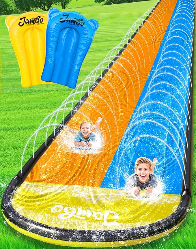 JAMBO XL Premium 20Ft Slip Splash and Slide with 2 Bodyboards, Heavy Duty Water Slide with Advanced 3-Way Water Sprinkler System, Backyard Waterslide, Splash Mat, Outdoor Water Toys n Slides for Kids