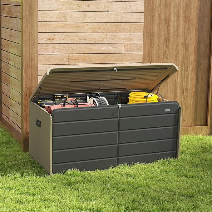 Domi 200 Gallon Resin Deck Box, Waterproof & UV-Resistant Outdoor Large Storage Box Lockable Storage Bin for Patio Cushions Pool Supplies Garden Tools and Delivery Storage