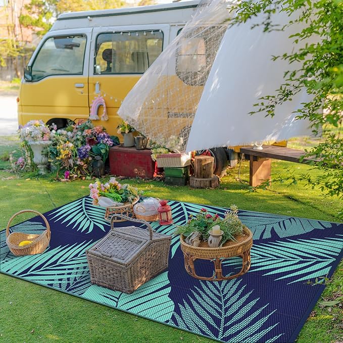 GENIMO Outdoor Rug 6' x 9' Waterproof for Patios Clearance, Reversible Outdoor Plastic Straw Camping Rug Carpet, Large Area Rugs Mats for RV, Camper, Deck, Balcony, Porch, Beach, Navy Blue&Jade Green