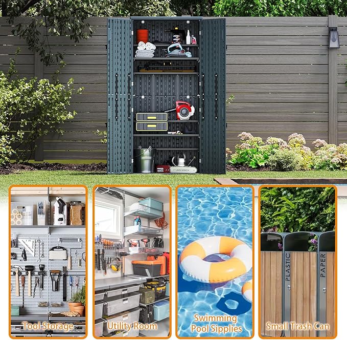30 Cubic Ft. Vertical Resin Outdoor Storage Shed with Lockable Double Doors,Tall Storage Cabinet with 4 Shelves, Weather-Resistant Multi-Wall Panels,Storage Shed for Patio, Garden, Yard, Grey