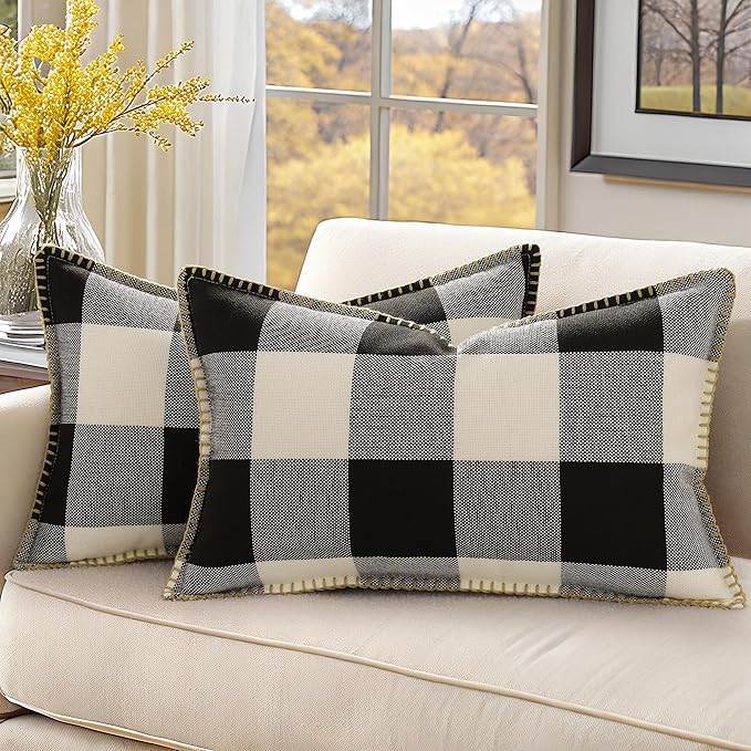 decorUhome Buffalo Plaid Check Throw Pillow Covers 12x20 Set of 2, Outdoor Lumbar Decorative Farmhouse Neutral Pillow Covers with Stitched Edge for Bed Couch Sofa, Black and White