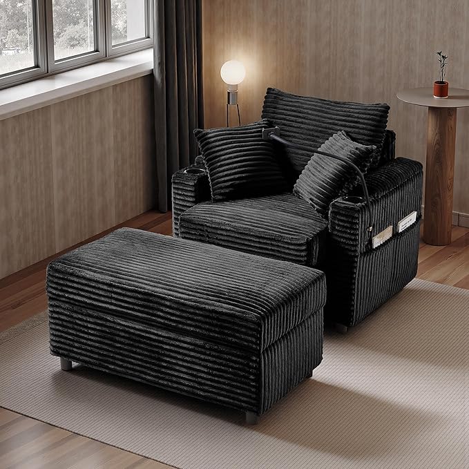 Accent Chair with Storage Ottoman Upholstered Living Room Chairs for Reading Chair with Chaise Lounge Chairs Indoor, Comfortable Armchair for Bedroom
