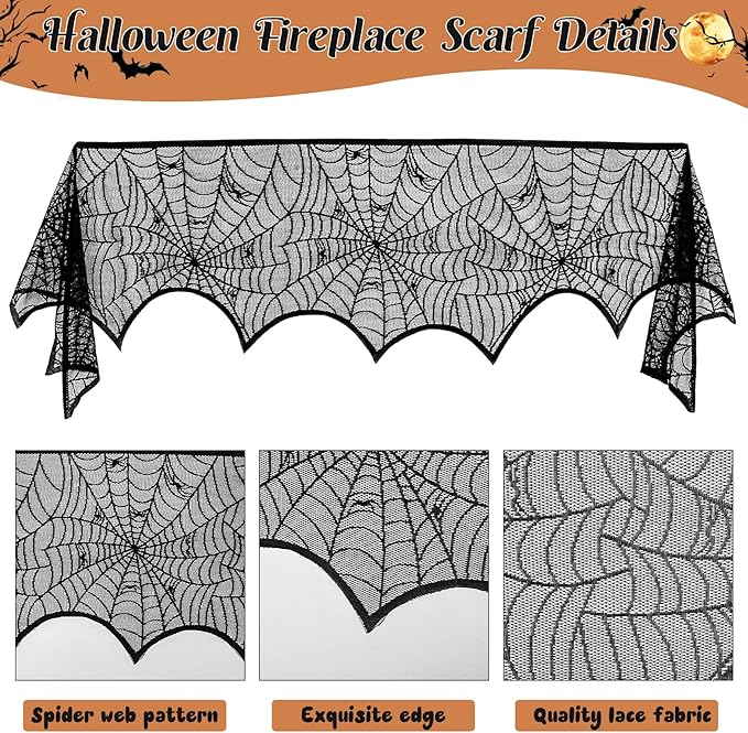 3 Pack Halloween Decorations Sets, Black Lace Spider Webs Table Runner & Halloween Cobweb Fireplace Scarf with 120 pcs 3D Bat for Halloween Indoor Decors Party Supplies