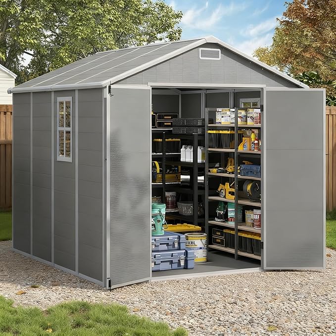 Outdoor Shed 5x3/6x4/7x7/8x6/8x10/8x12 FT, 15MM Thick PP Resin Plastic Shed with Lockable Door & Floor - Waterproof Plastic Tool Shed for Bike, Garbage Can, Backyard, Patio (Grey, 7x7FT)