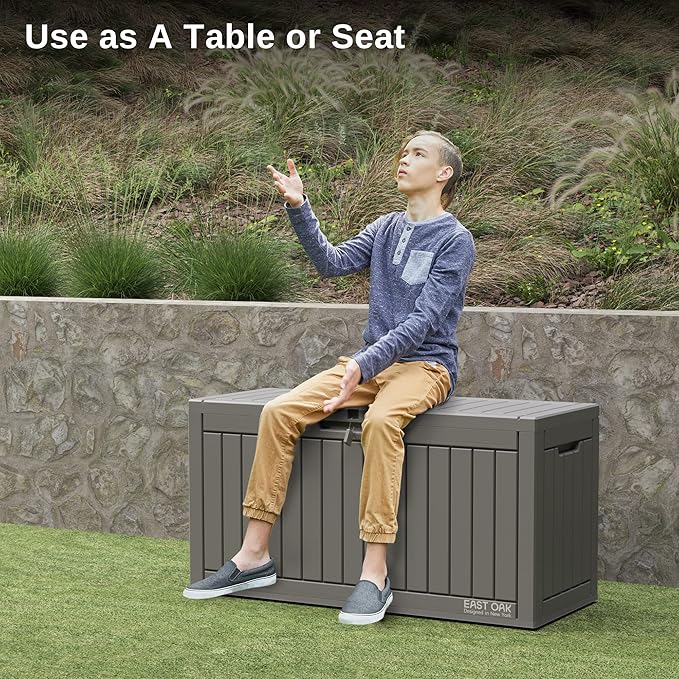 EAST OAK 60 Gallon Deck Box, Outdoor Storage Box with Padlock for Patio Furniture, Patio Cushions, Gardening Tools, Pool Supplies, Waterproof and UV Resistant Resin, Grey