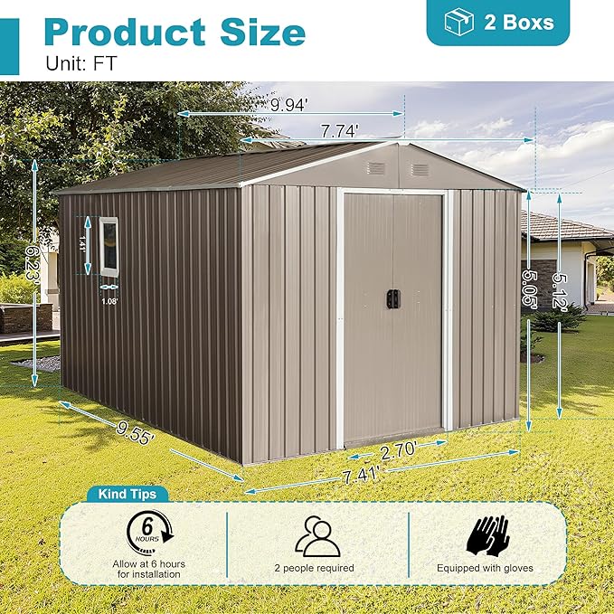Sheds & Outdoor Storage 8ft x 10ft Metal Storage Shed with Metal Foundation, Window,Gloves, Anchors, Tools Garden Tool Storage Cabinet for Backyard, Patio, Poolside, Gray