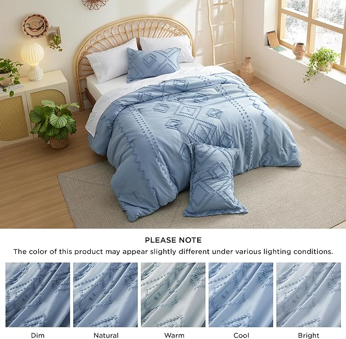 Bedsure Boho Comforter Set Full - Mineral Blue Tufted Bedding Comforter Set, 3 Pieces Farmhouse Shabby Chic Embroidery Bedding Set, Soft Geometric Pattern Comforter for All Seasons