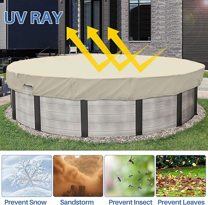 ECOOPTS 19 ft Waterproof Round Polyester Pool Cover for Above Ground Pools, Swimming Pool Cover Protector Winter Safety Cover (Beige)