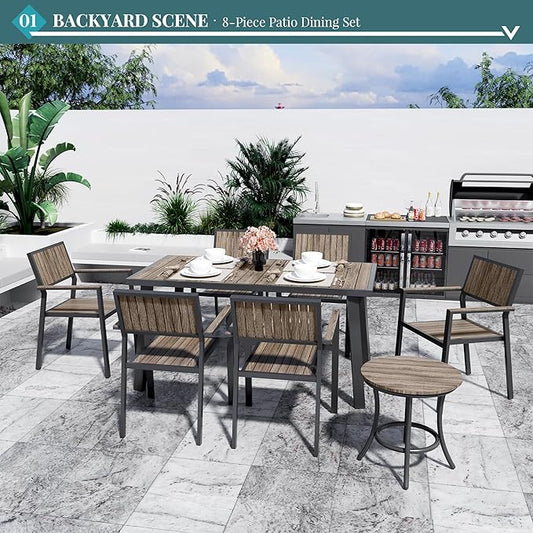 Pamapic 8-Piece Patio Dining Set,Outdoor Aluminum Furniture Set with Plastic-Wood Table Top,Outdoor Furniture Set with 6 Outdoor Stackable Chairs for Patio Garden Poolside,Walnut