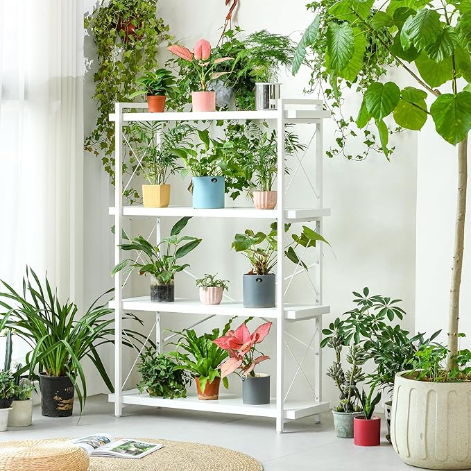 HCHQHS Bookshelf, 4-Tier Industrial Bookcase, White Open Book Shelf, Freestanding Tall Bookshelves with Metal Frame