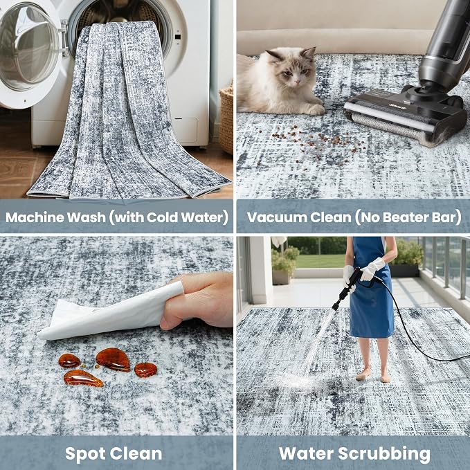10x14 Washable Area Rug for Living Room Bedroom: Non-Slip Modern Black Grey | Machine Washable TPR Backing, Stain-Resistant Low Pile, Pet & Kid Friendly, Abstract Decor for Dining Room, Dorm, Home Office