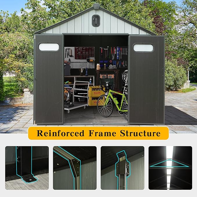 Domi 8x8FT Resin Outdoor Storage Shed with Lockable Door, Waterproof Outside Sheds with Windows & Vents, Heavy-Duty Plastic Tool Storage Shed for Patio Furniture, Lawn Mower, Bike