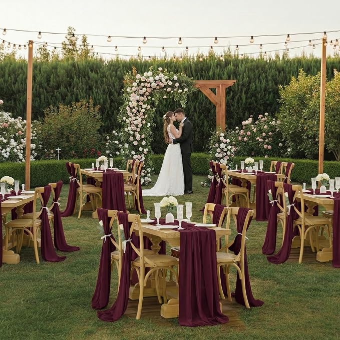 Pack of 2 | Burgundy | 14ft Chiffon Table Runner 29x170 Inches Long Romantic Rustic Sheer Gauze Runner for Wedding Bridal Shower Birthday Banquets Engagement Spring Easter Boho Decorations