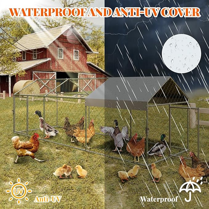 120X40x40 Inch Metal Chicken Coop, Large Walk-in Outdoor Poultry Run with Cover for Chickens Ducks Rabbits, Outdoor Coop for Yard, Silver