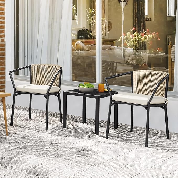 YITAHOME Wicker 3-Piece Outdoor Bistro Set, All-Weather Patio Conversation Set with Stackable Chairs & Table, Outdoor Sectional Furniture Set for Balcony, Backyard, Pool, Porch, Deck - Beige