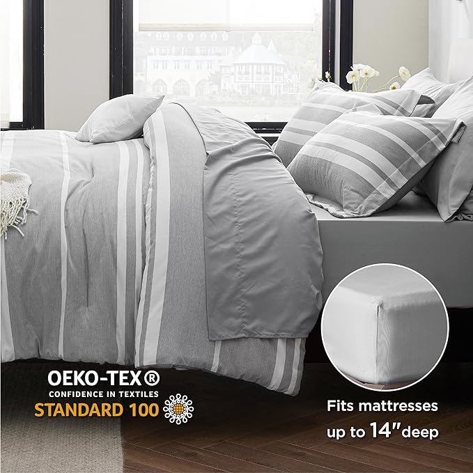 Bedsure Twin Comforter Set 5 Pieces, Gray White Striped Twin Bedding Sets All Season Bed Set, Twin Bed in a Bag with Comforter, Sheets, Pillowcase & Sham