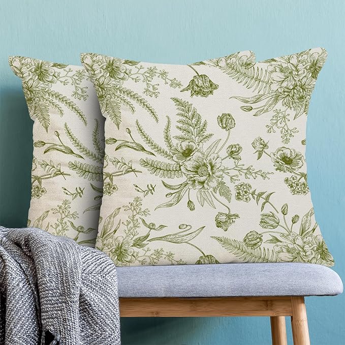 CXMEIFLY Sage Green Spring Pillow Covers 16 x 16 Inch Set of 2 for Chinoiserie Flowers Decor Throw Pillows Floral Leaves Seasonal Plant Outdoor Decorative Cushion Cases for Couch Bed Decorations