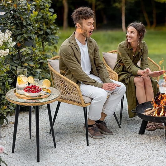 YITAHOME 3-Piece Wicker Balcony Small Patio Furniture Chair Set, Outdoor Rattan Conversation Chairs for Backyard, Balcony and Apartment with Soft Gray Cushions, Glass Side Table Light-Yellow