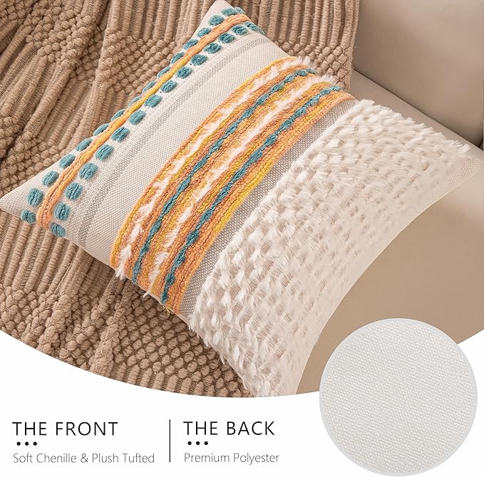 Boho Chenille Tufted Couch Throw Pillow Covers 18x18 Inch Set of 2 Farmhouse Striped Decorative Pillow Covers Accent Neutral Pillowcase Yellow Teal Cushion Cover for Living Room Sofa Bed