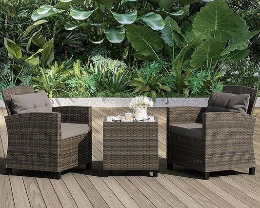 Shintenchi 3 Pieces Patio Furniture Set 3 Pieces PE Rattan Wicker Chairs with Table Outdoor Furniture for Backyard/Garden/Poolside/Outdoor Restaurant Gary Rattan with Gary Cushion