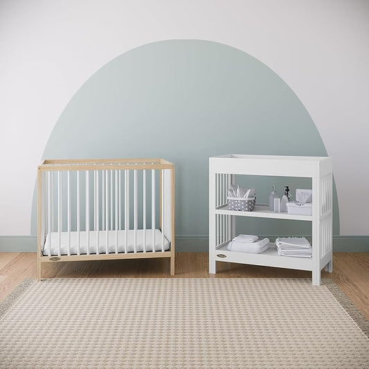 Graco Teddi 4-in-1 Convertible Mini Crib with Bonus Water-Resistant Mattress (Natural with White) – GREENGUARD Gold Certified, 2.75-Inch Mattress Included, Convenient Size, Easy 30-Minute Assembly