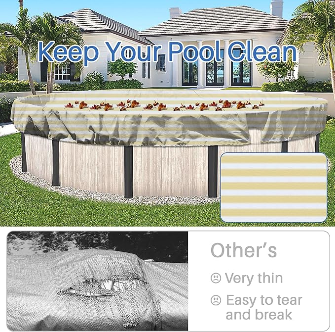 ECOOPTS 12 ft Round Pool Cover for Above Ground Pools, Swimming Pool Cover Protector Winter Safety Cover (Beige White Stripes)