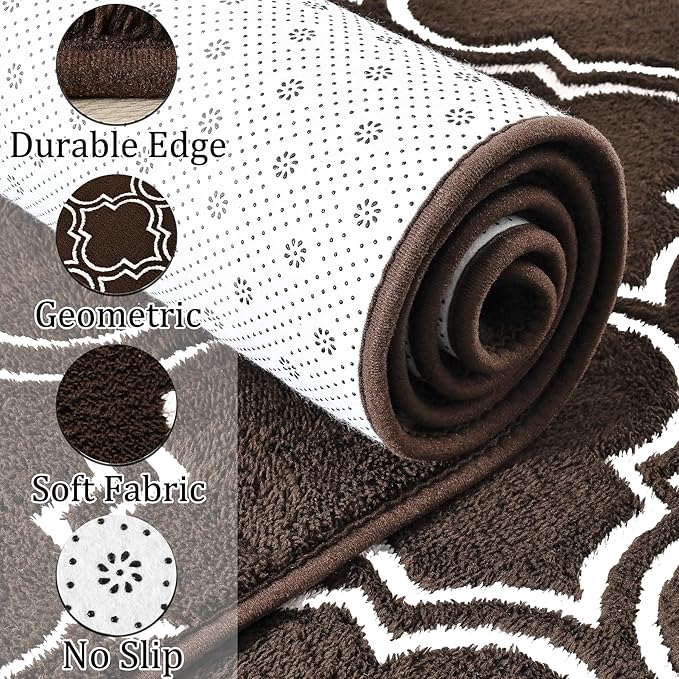 Chicrug Shag Geometric 7x10 Area Rug for Living Room, Large Modern Memory Foam Indoor Carpet, Fluffy Rug for Bedroom Bedside Room Decor for Family Girls Kids Nursery, Brown/White