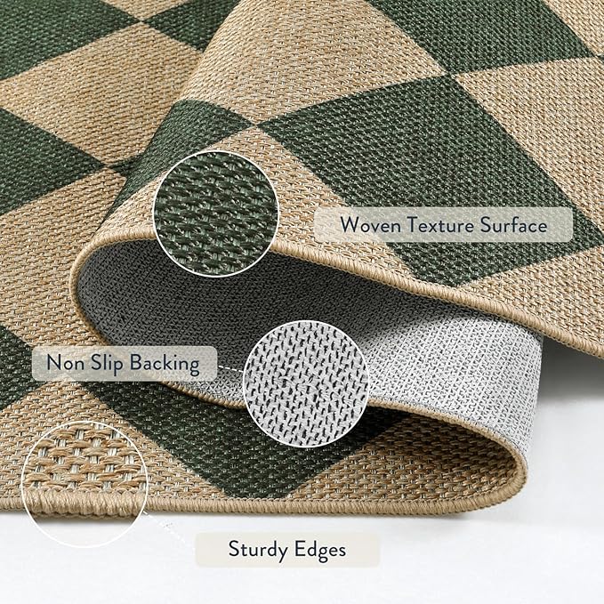 Lahome Checkered Kitchen Runner, 2x8 Easy Jute Runner Rug for Hallway Entryway, Farmhouse Indoor Outdoor Non Slip Non Shedding Green Carpet for Laundry Bedroom Porch Corridor