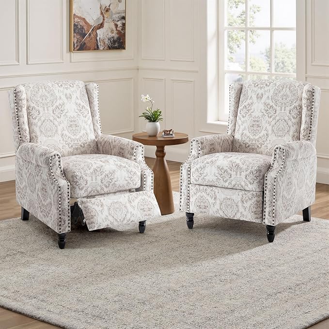 UIXE Recliner Chairs Set of 2, Fabric Upholstered Armchair Pushback Accent Chair for Living Room, Floral Rivet Trim Club Chair Home Theater Single Sofa Bedroom Side Reading Seat - Beige Pattern