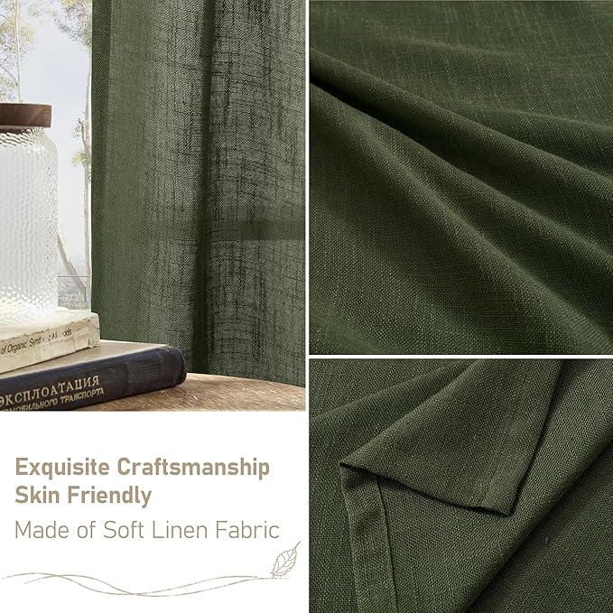 LAMIT Olive Green Linen Curtains 72 inches Long for Living Room, Soft Thick Semi Sheer Light Filtering Bronze Grommet Window Treatments Neutral Drapes for Bedroom, 2 Panels Set, 52 x 72 Inch