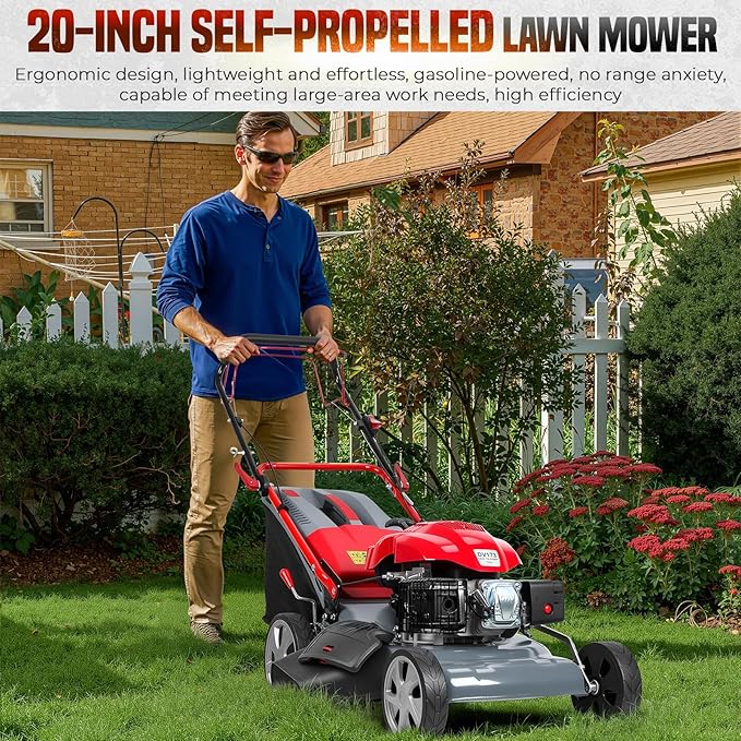 Self Propelled Lawn Mower 20-Inch with 60L Grass Bag - 173cc Engine Gas Push Lawn Mower for Hills 3-in-1 Mulch Bag Side-Discharge Rear Wheel Drive for Uneven Yards Lawn Care (173CC)