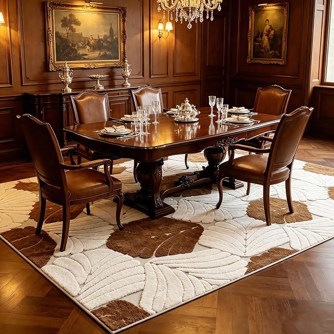 Washable Area Rug 5′3″ × 7′6″ for Living Room Bedroom Hotel, Leaves | Soft Cozy Fluffy Mid Pile Machine Washable Non Slip Boho Modern Accent Rug for Dining Room Nursery Kids Room Dorm Hotel