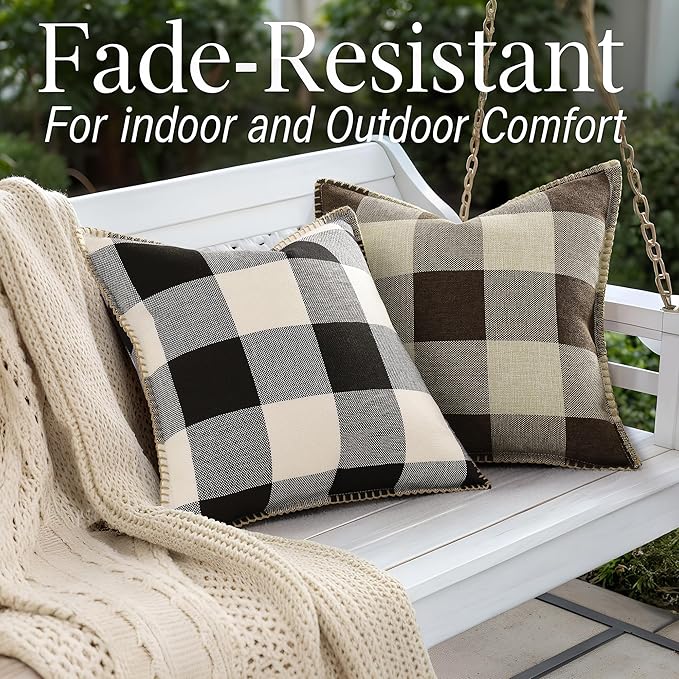 decorUhome Buffalo Plaid Check Throw Pillow Covers 12x20 Set of 2, Outdoor Lumbar Decorative Farmhouse Neutral Pillow Covers with Stitched Edge for Bed Couch Sofa, Brown and Beige