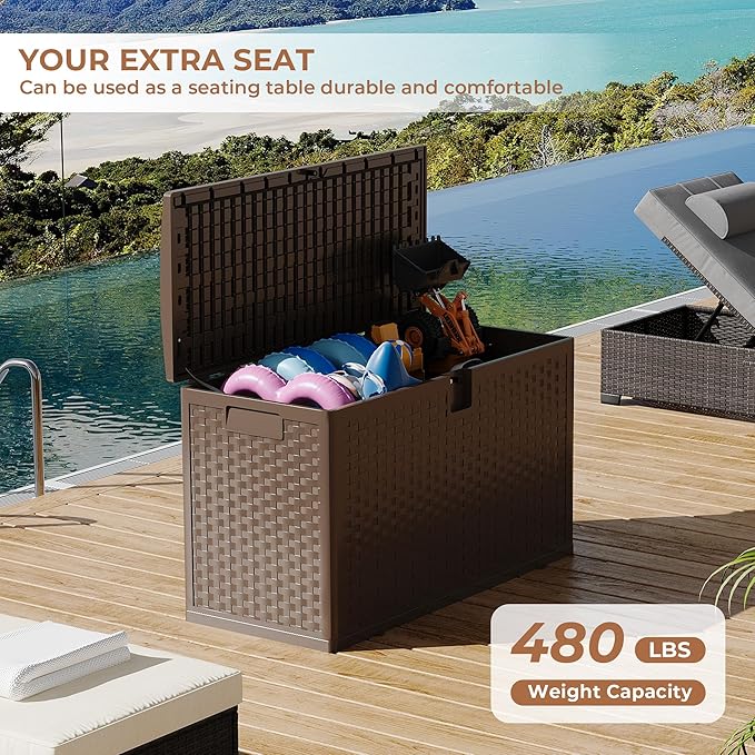 99 gal Brown Resin Deck Box, Outdoor Storage Box Waterproof Lockable, Patio Deck Box For Package Delivery, Outside Storage Box Container for Furniture Cushions, Garden Tools, Pool Accessories