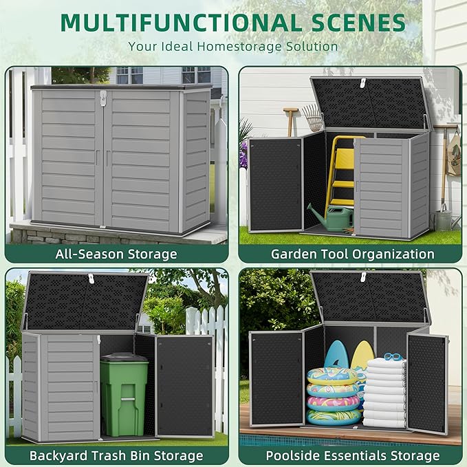 Outdoor Trash Can Storage Shed 4.6 x 4.1 FT, 304 Gallon Resin Shed with Lockable Doors & Lift Lid, Waterproof Outdoor Storage for Garden Tools, Cushions and Patio Equipment (Gary)