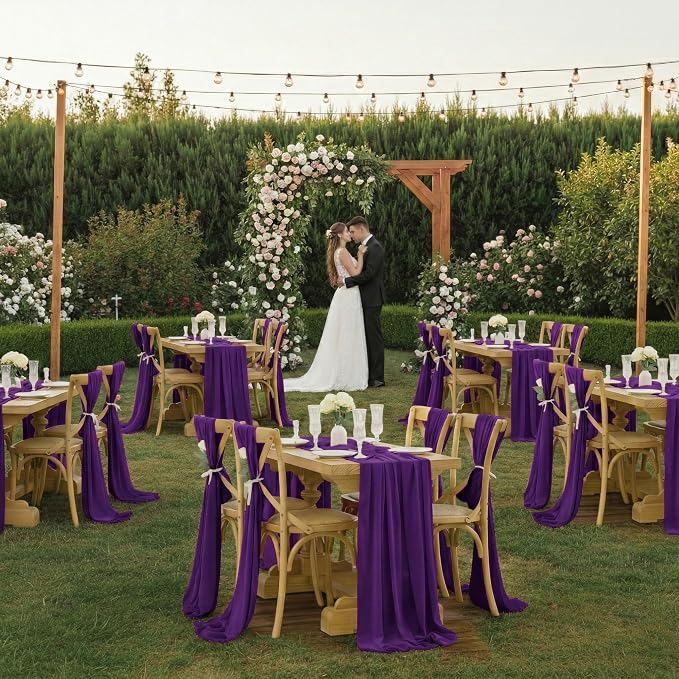Pack of 5 | Purple | 14ft Chiffon Table Runner 29x170 Inches Long Romantic Rustic Sheer Gauze Runner for Wedding Bridal Shower Birthday Banquets Engagement Spring Easter Boho Decorations