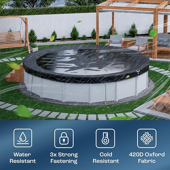 Yankee Diamond Series Pool Covers for Above Ground Pools | All-Weather, Windproof, Light 18ft Round Pool Cover w/ 6 Screw-In Pegs, 6 Ropes | 3 Mounting Methods, Strong Fastenings for Triple Protection
